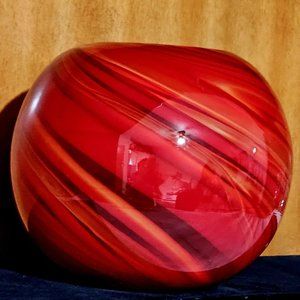 Red Orange Swirl Hand Blown Art Glass Rose Bowl Vase 5" sphere galaxy vintage